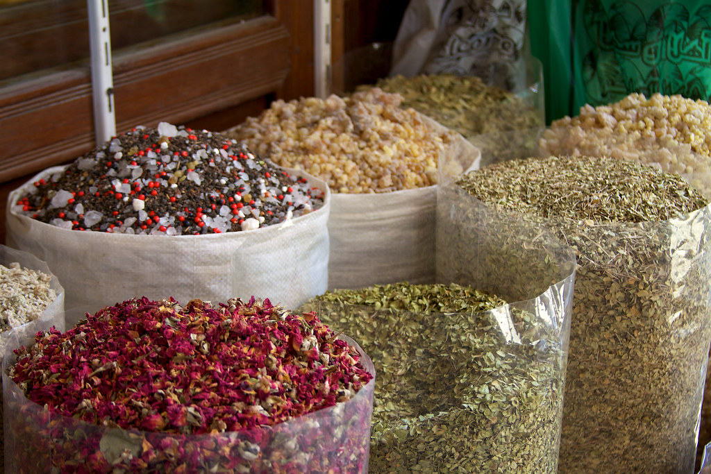 Bags of colourful spices at a market souk